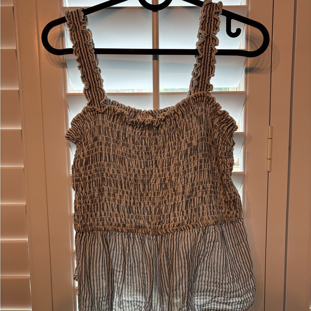 True Craft Brown and Tan Smocked Ruffled Tank Top